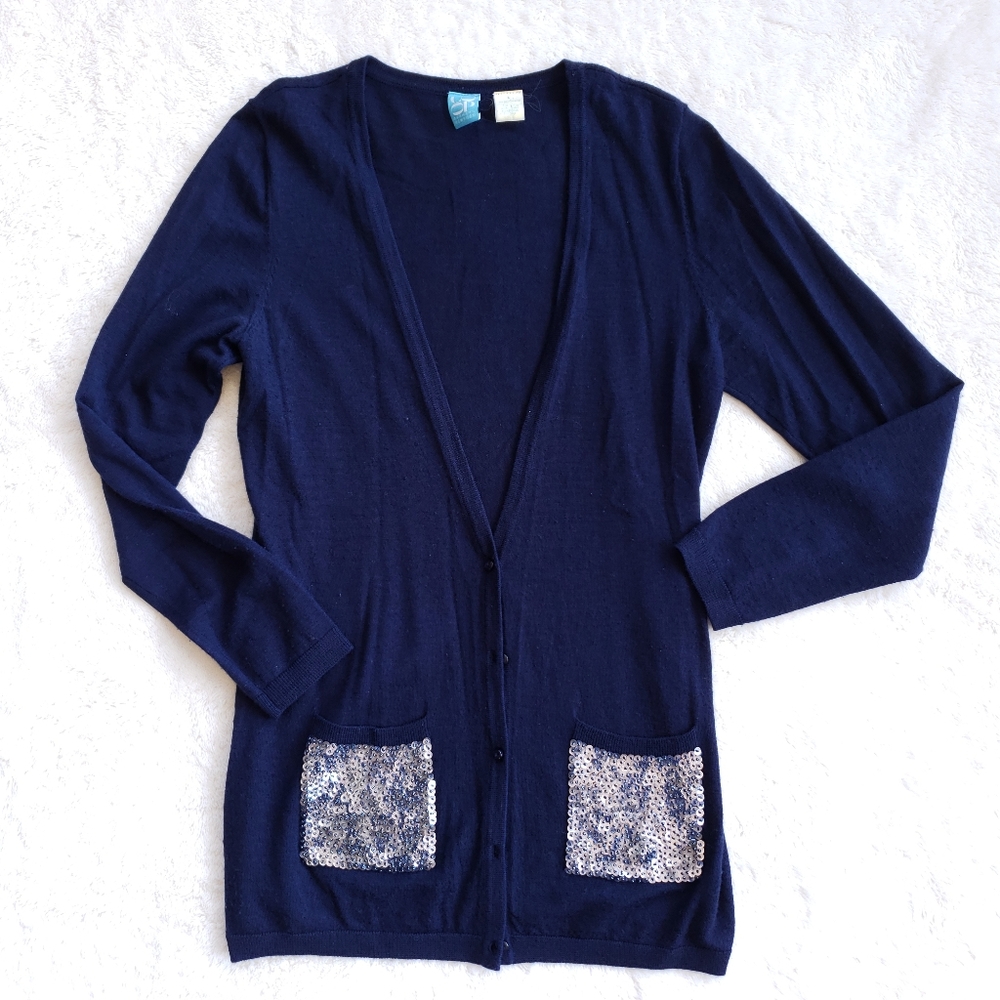 Barneys New York CO-OP Merino Wool Navy Cardigan